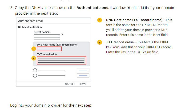 Screenshot of a dns management interface highlighting the steps to copy dkim values into a txt record, with specific fields marked and instructions provided on the side.