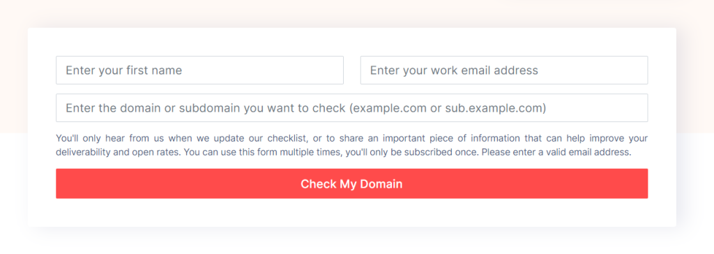 Web form interface for checking domain availability, including fields for name, email, and domain, with a red "check my domain" button
