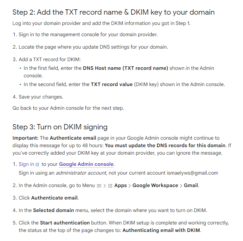 Screenshot of a step-by-step guide for configuring dkim (domainkeys identified mail) records for email authentication. the image displays text instructions under headers with bullet points.