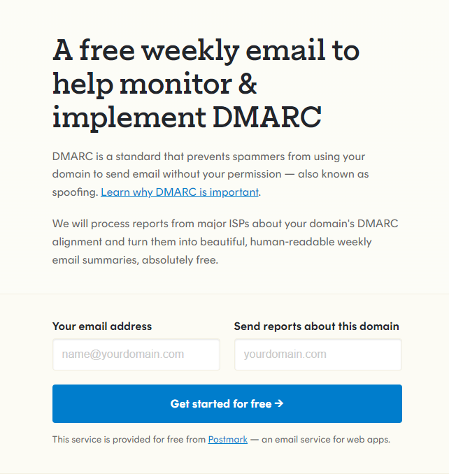A graphic for a free weekly email service to help monitor and implement dmarc, detailing the benefits of dmarc, including spam reduction and authentication reports, with a signup form.