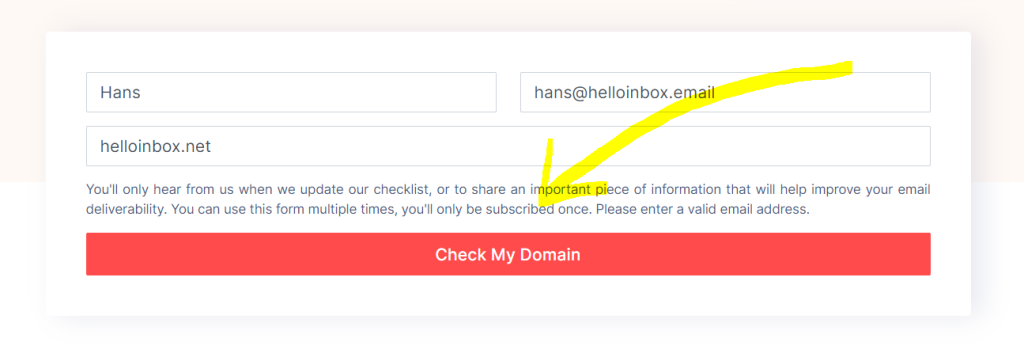 A screenshot showing a web form with fields for name and email, accompanied by explanatory text below. a yellow arrow points to the email field emphasizing it.