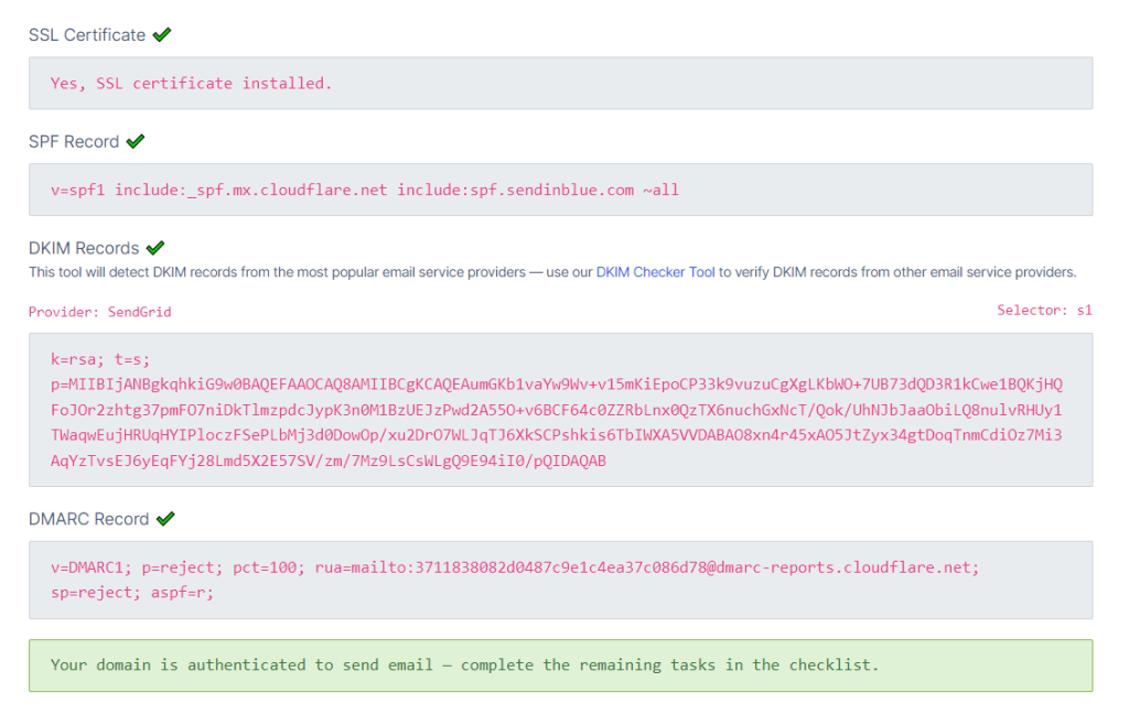 A screenshot of a computer screen displaying various email server settings including ssl certificate status, spf, dkim, and dmarc records, all marked with green checkmarks indicating successful configuration.