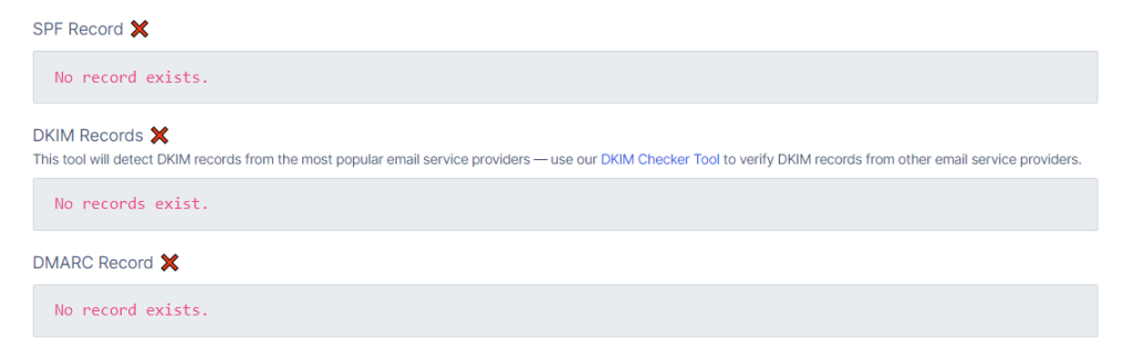 Screenshot showing spf, dkim, and dmarc record checks for an email with results indicating "no record exists" for each, all marked with red crosses.