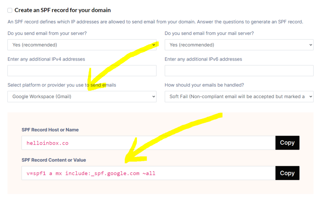 A screenshot of a tool for generating spf records, showing various options selected and input fields filled out, with two yellow arrows pointing to specific settings.
