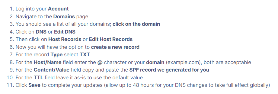 Text instructions for updating dns settings, including navigating to the domains page, editing dns or host records, creating new records, and entering specific dns information provided.