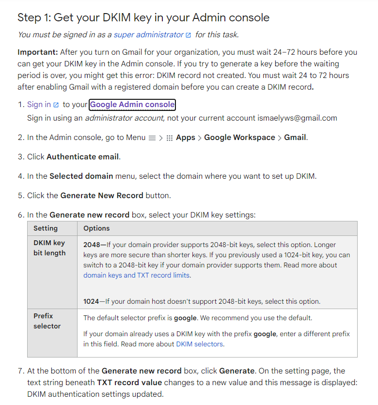 Screenshot of an instructional document detailing steps to configure dkim settings in an email admin console, including logging in, navigating menus, selecting domain, and generating a key.