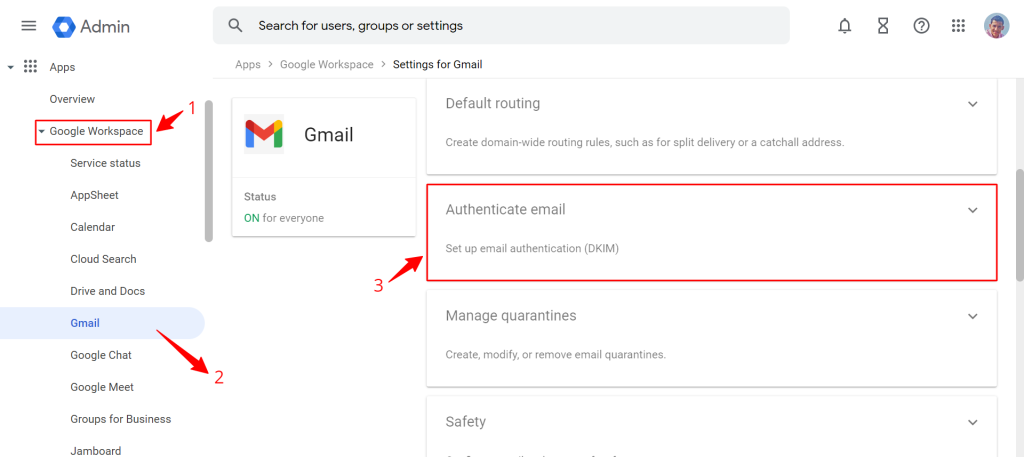 Screenshot of gmail settings within the google workspace admin console, highlighting the "auth email authentication (dkim)" option in the "default routing" menu.