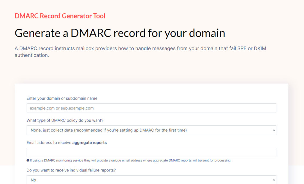 Screenshot of a DMARC record generator tool interface with fields for inputting domain name, email address and a drop down field for selecting DMARC policy and a button labeled "copy" to save the generated DMARC record.