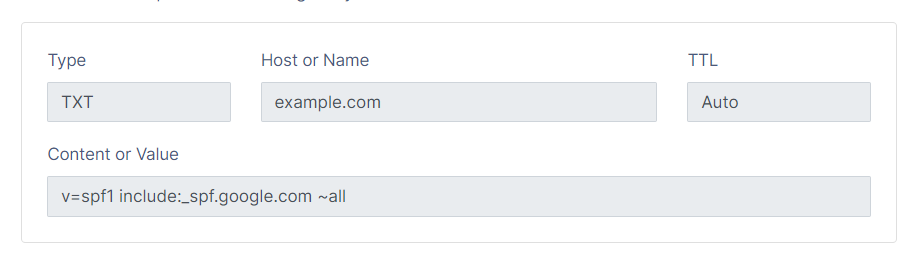 Screenshot of a dns management interface showing a txt record for example.com with spf information included.