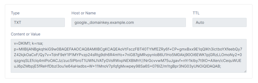 Screenshot of a dns management interface showing a txt record for the domain google._domainkey.example.com with details including a dkim value.