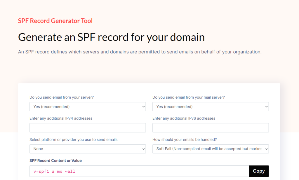 Screenshot of an spf record generator tool interface with fields for inputting server and email information and a button labeled "copy" to save the generated spf record.